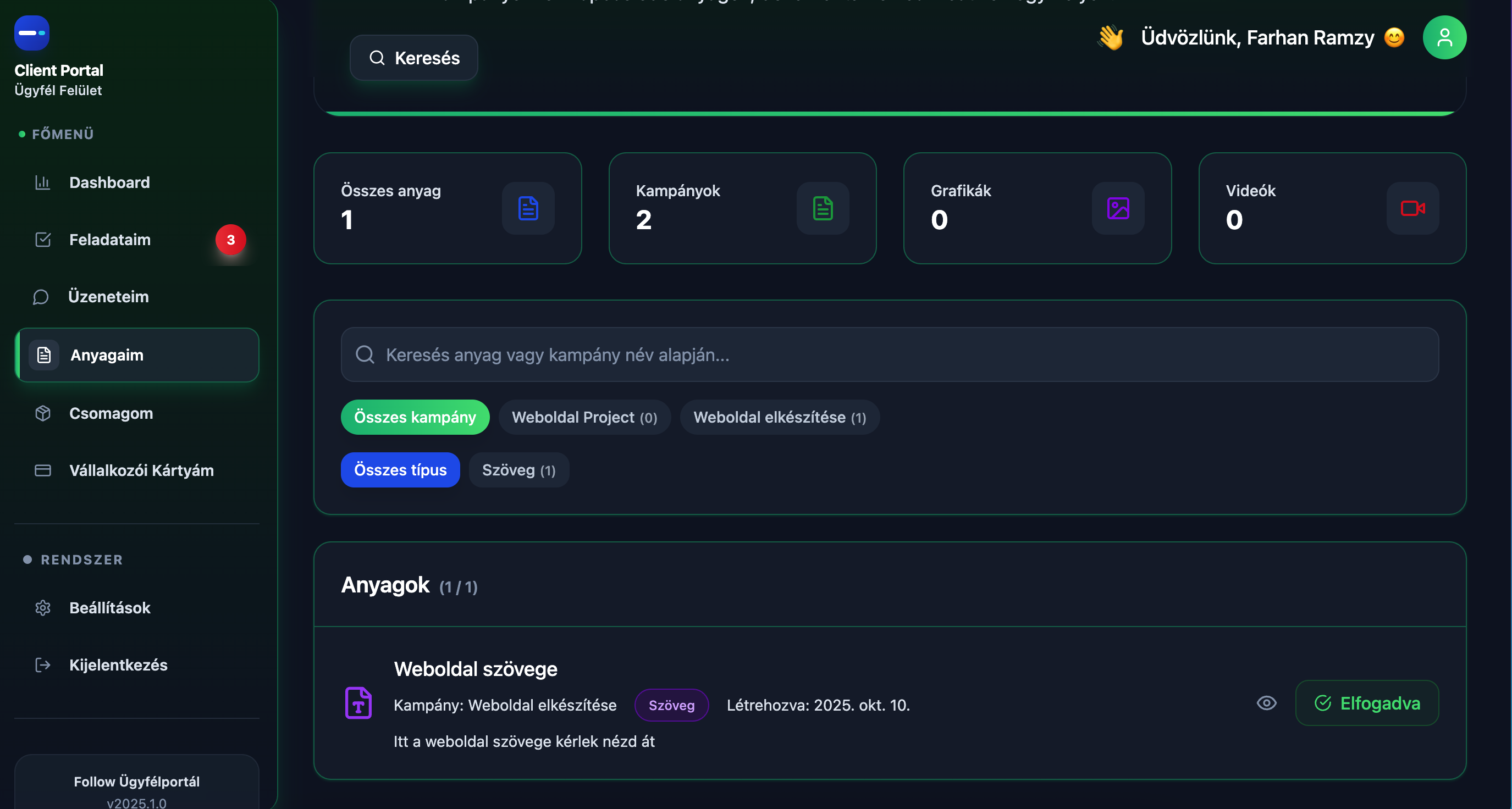 Follow Marketing Ügyfélportál - Anyagok kezelése, kampányok, grafikák, videók és weboldal projektek