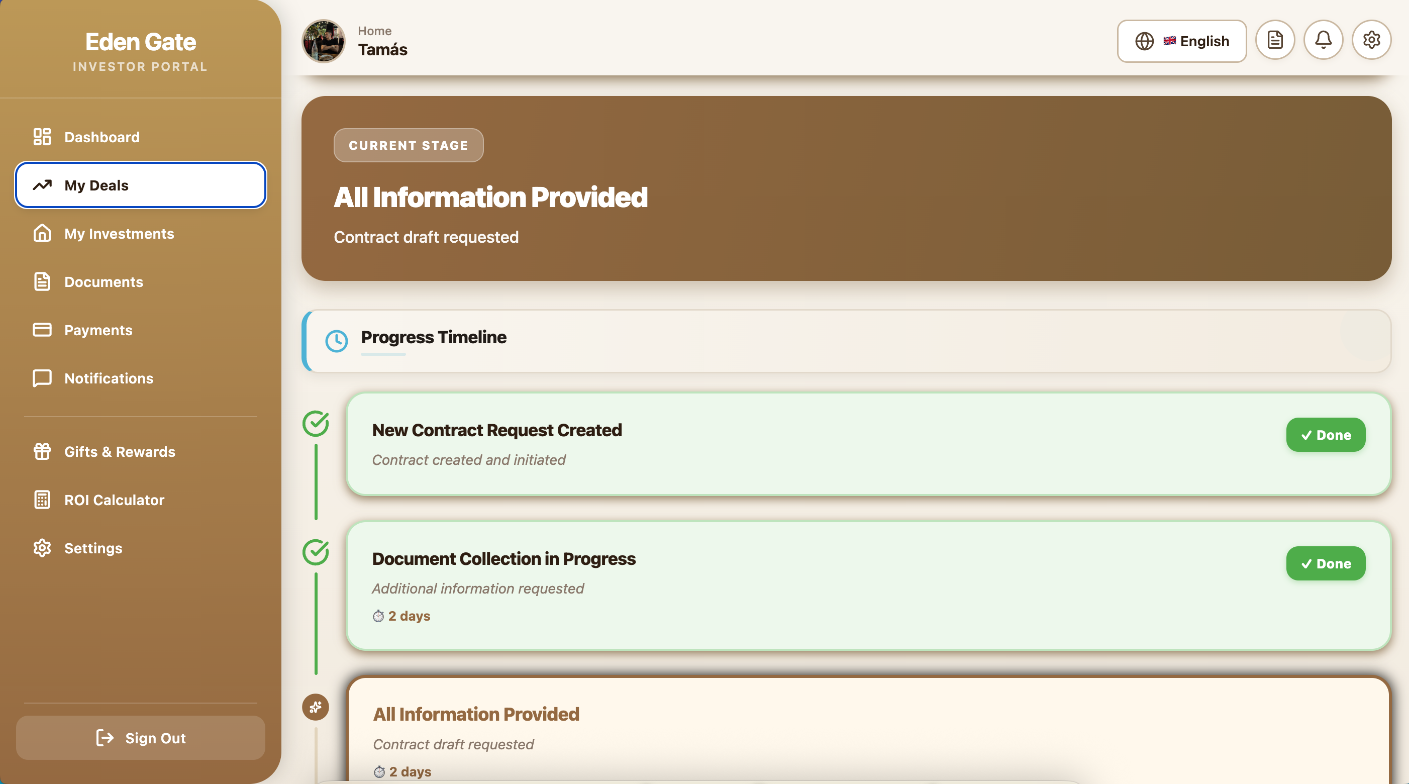 EdenGate Investor Portal - Befektetői Dashboard EdenGate Befektetői Portál - Befektetési státusz, projektek követése, dokumentumgyűjtés és idővonalas folyamat